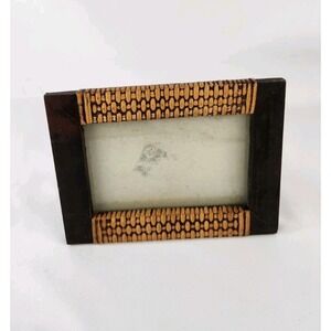 Handmade Photo Wooden Picture Frame Rattan Cane Woven Pattern Rustic Vintage